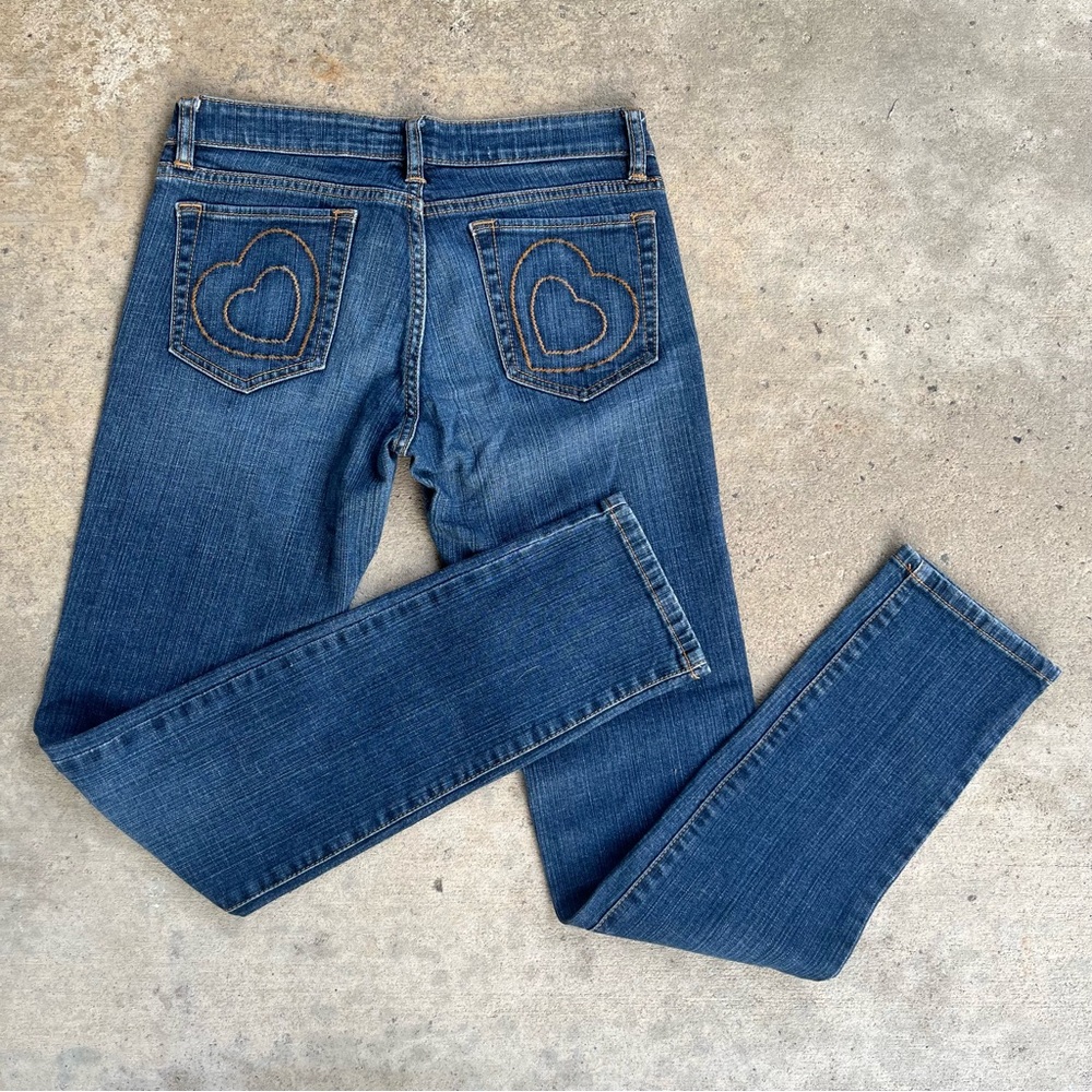 Y2K Denim Jeans with Heart Decal, Size 31” Brand is 123456789